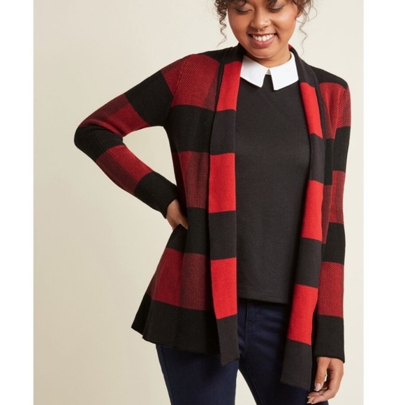 Modcloth | Sweaters | Modcloth Simply Snuggly Red Black Plaid Cardigan |  Poshmark